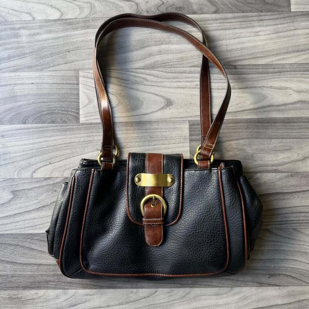 Y2K Brown and Black Faux Leather Buckle Shoulder Bag